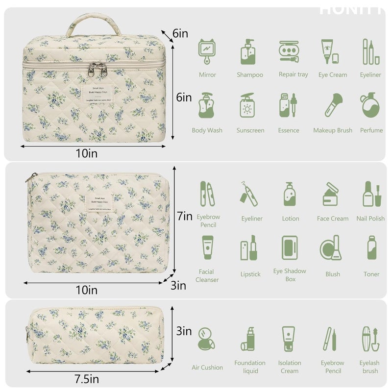 honitty Makeup Bag,Quilted Cosmetic Bags,Large Floral Make Up Organize bag,Makeup Bag Set for Women,Flower Travel Toiletry Bag - Image 2
